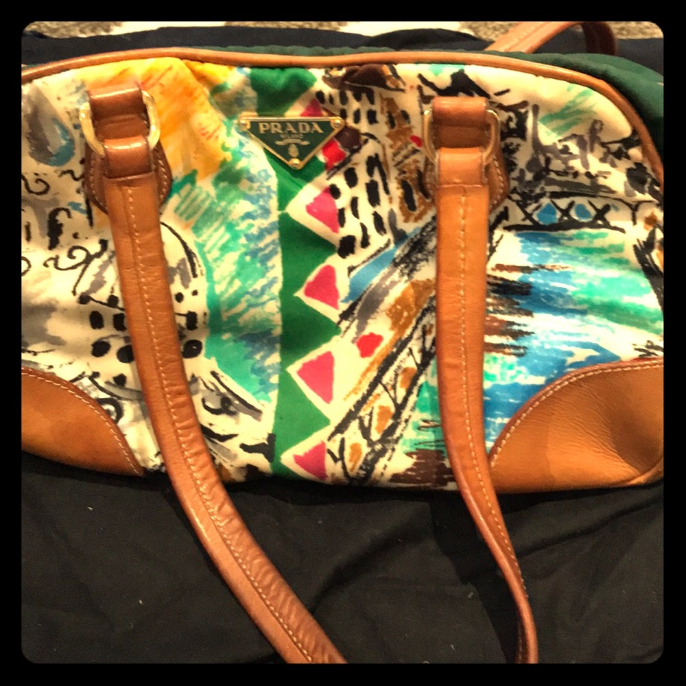 PRADA venice print tote bag with leather trim